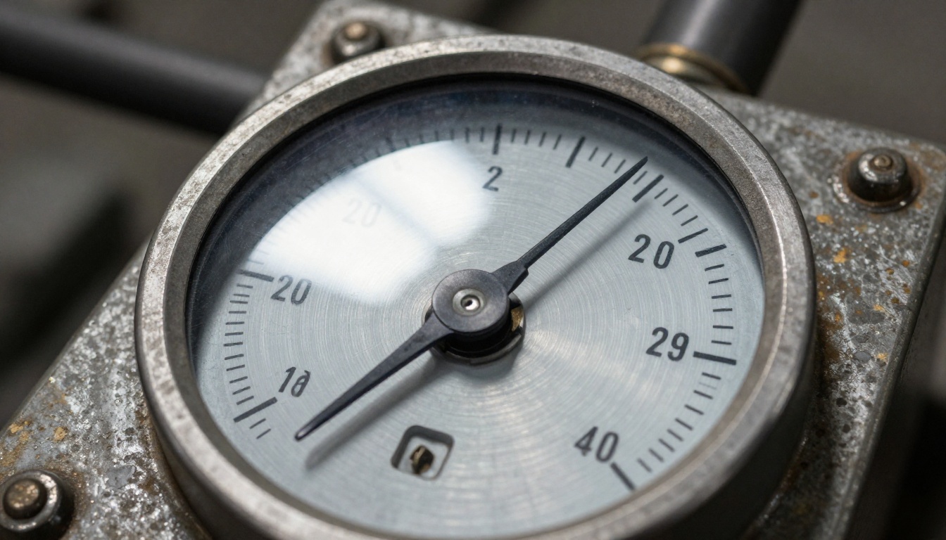 Vintage industrial analog meter gauge on brushed steel panel, workshop fluorescent lighting, macro lens high contrast photography Vintage industrial analog meter gauge on brushed steel panel, workshop fluorescent lighting, macro lens high contrast photography