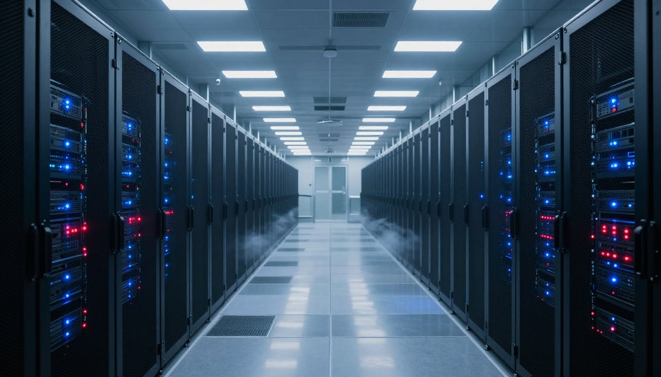 Wide-angle data center with rows of server racks, cool blue LED lighting, air conditioning vapor, deep depth of field architectural photography Wide-angle data center with rows of server racks, cool blue LED lighting, air conditioning vapor, deep depth of field architectural photography