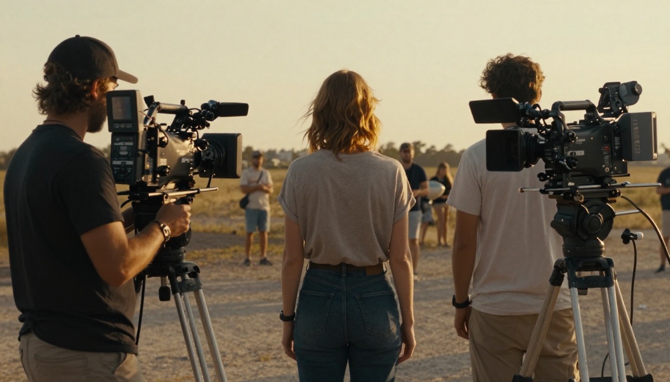 Film crew capturing consistent character performance on location Film crew capturing consistent character performance on location