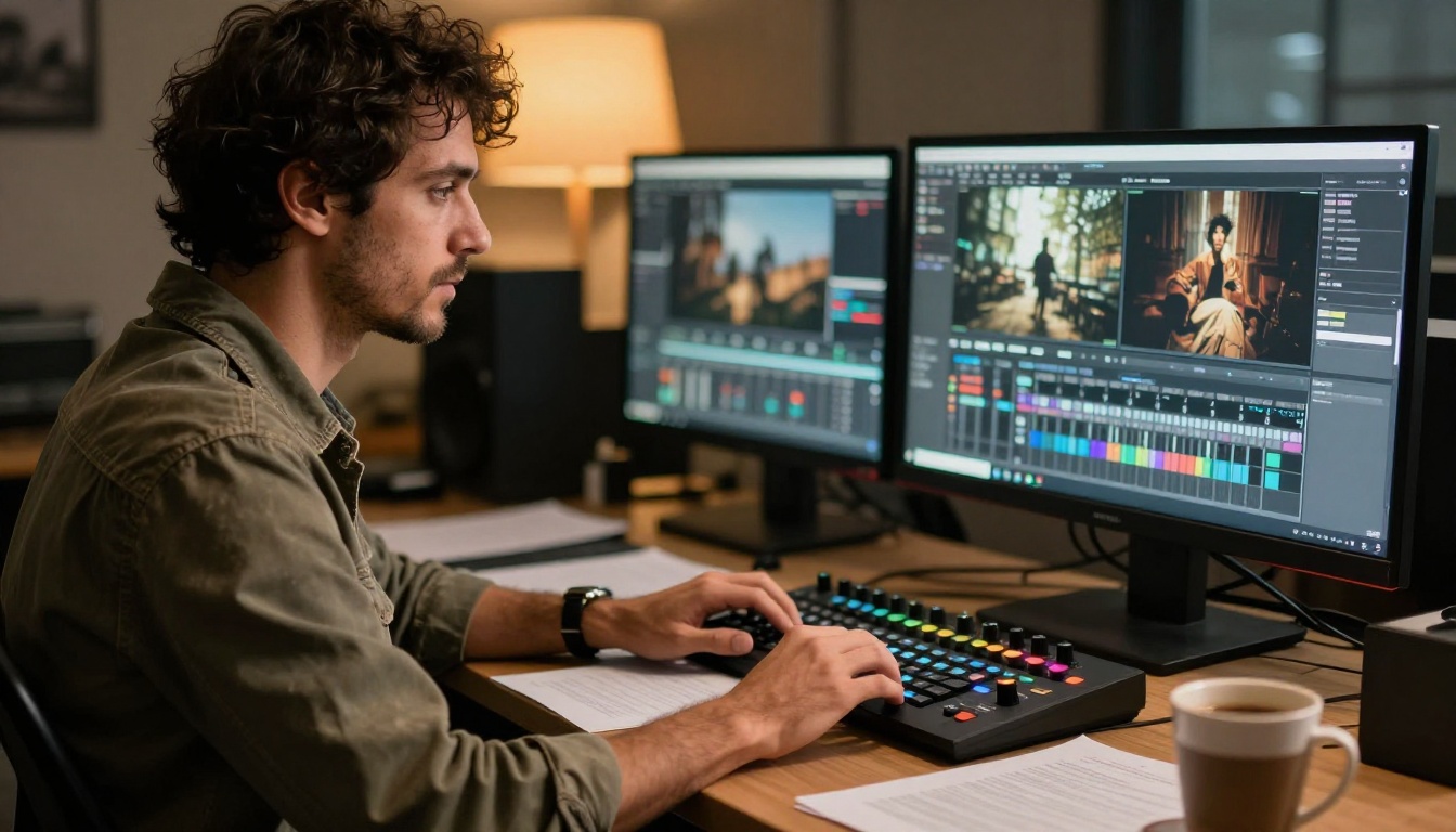 Filmmaker reviewing cinematic footage at a professional color grading workstation