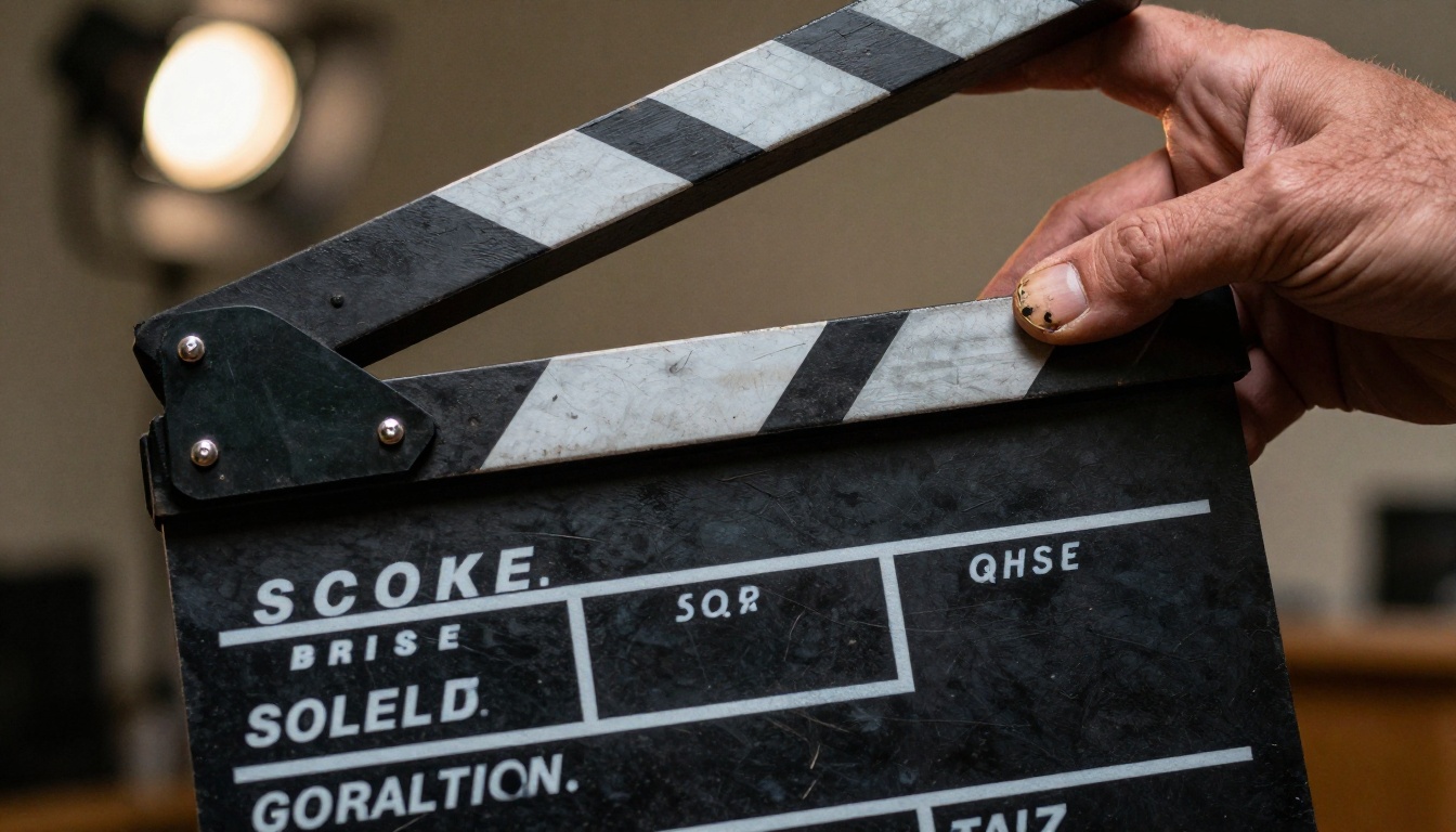 Close-up of a film director's clapperboard with dramatic side lighting