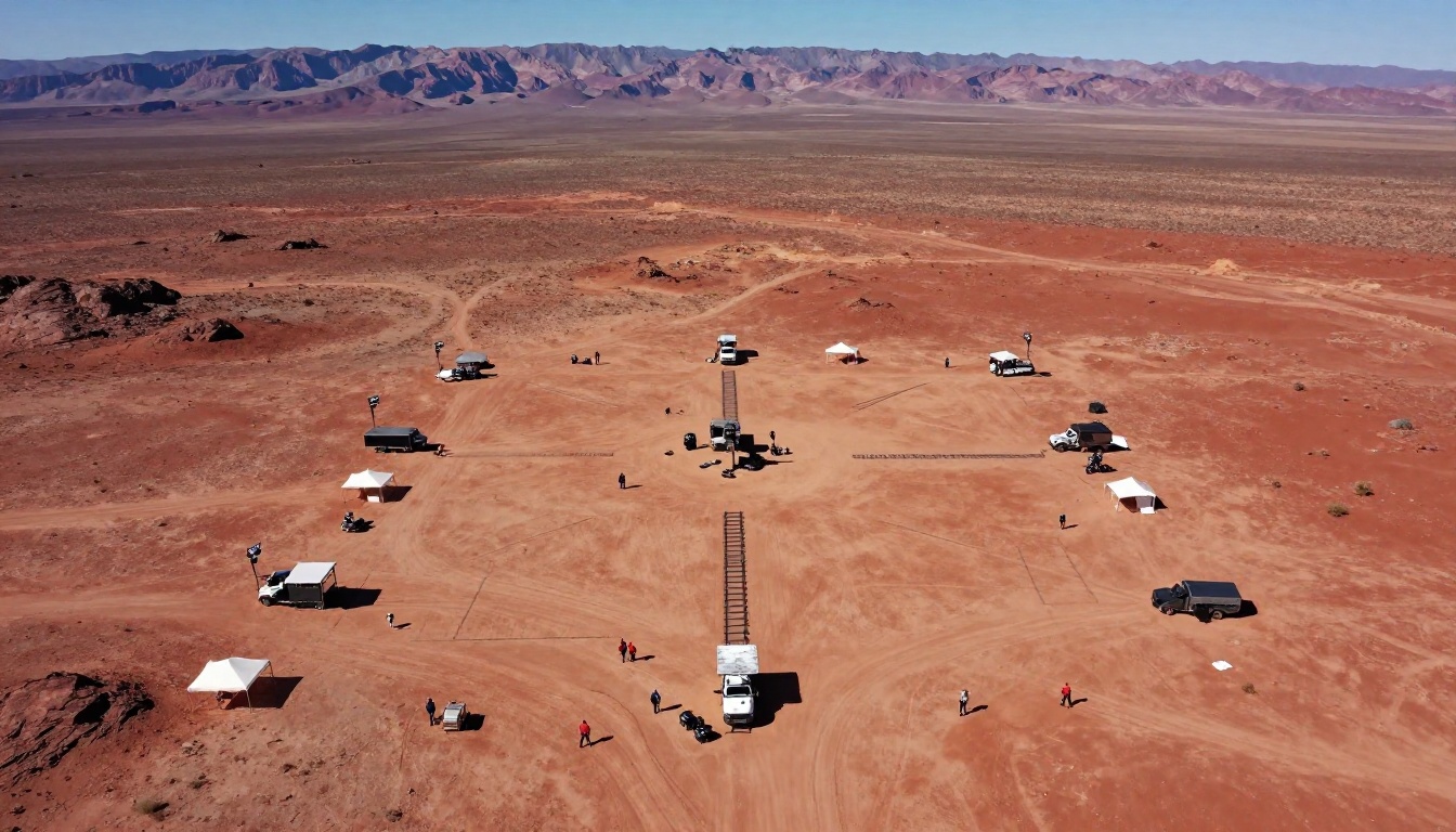 Aerial view of a sprawling desert film production set with equipment and crew