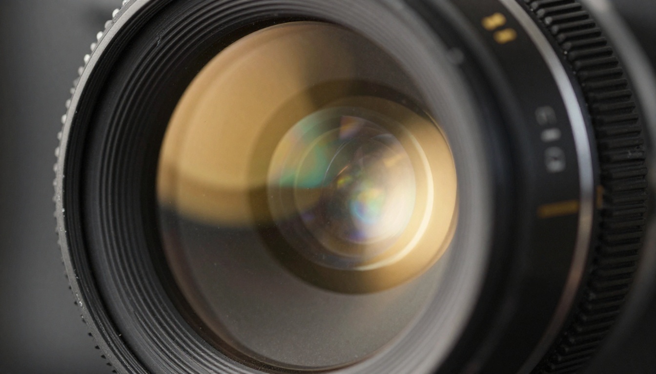 Macro close-up of a vintage cinema lens element with light scattering through glass optics