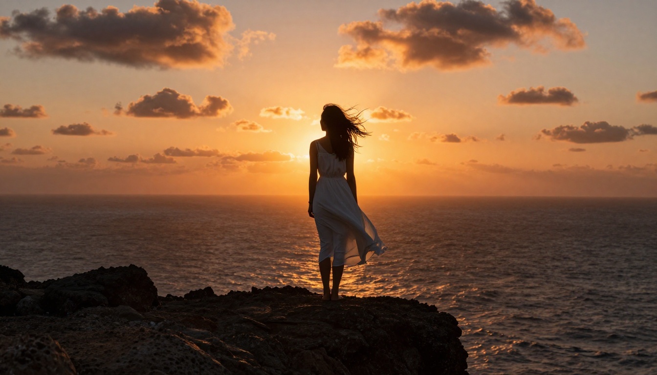 Dramatic silhouette of a woman in a white dress on a rocky ocean cliff at sunset