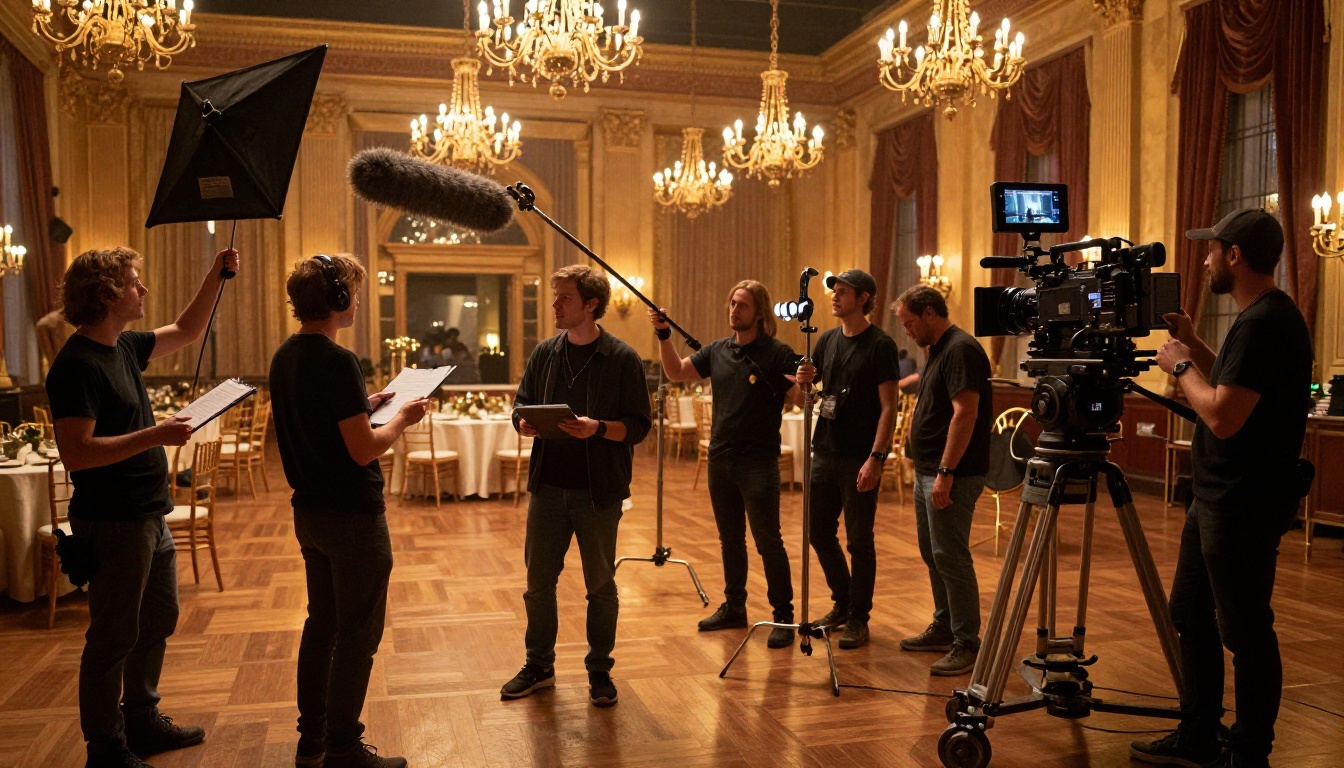Behind-the-scenes of a major Hollywood production with crew working on a studio soundstage