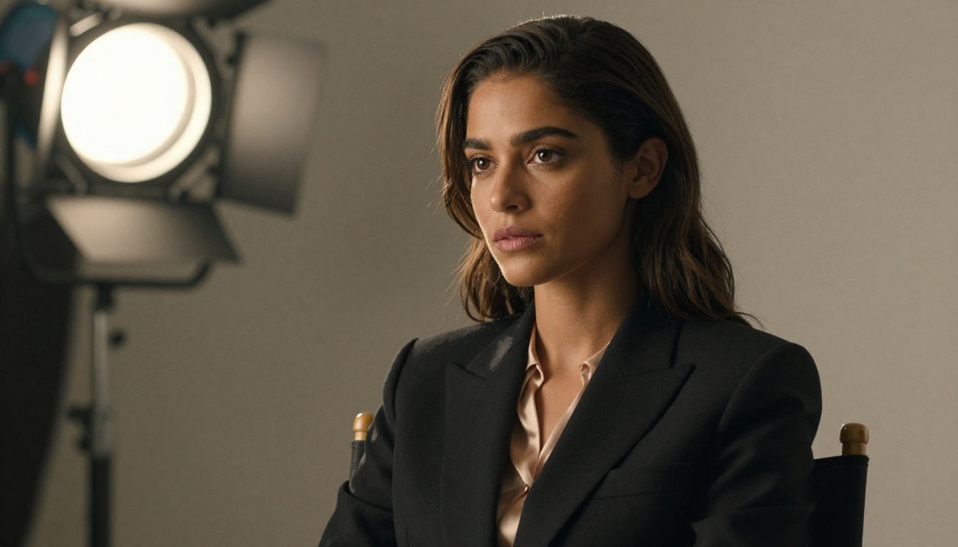 Cinematic portrait of a woman with dramatic Rembrandt lighting in a leather director's chair
