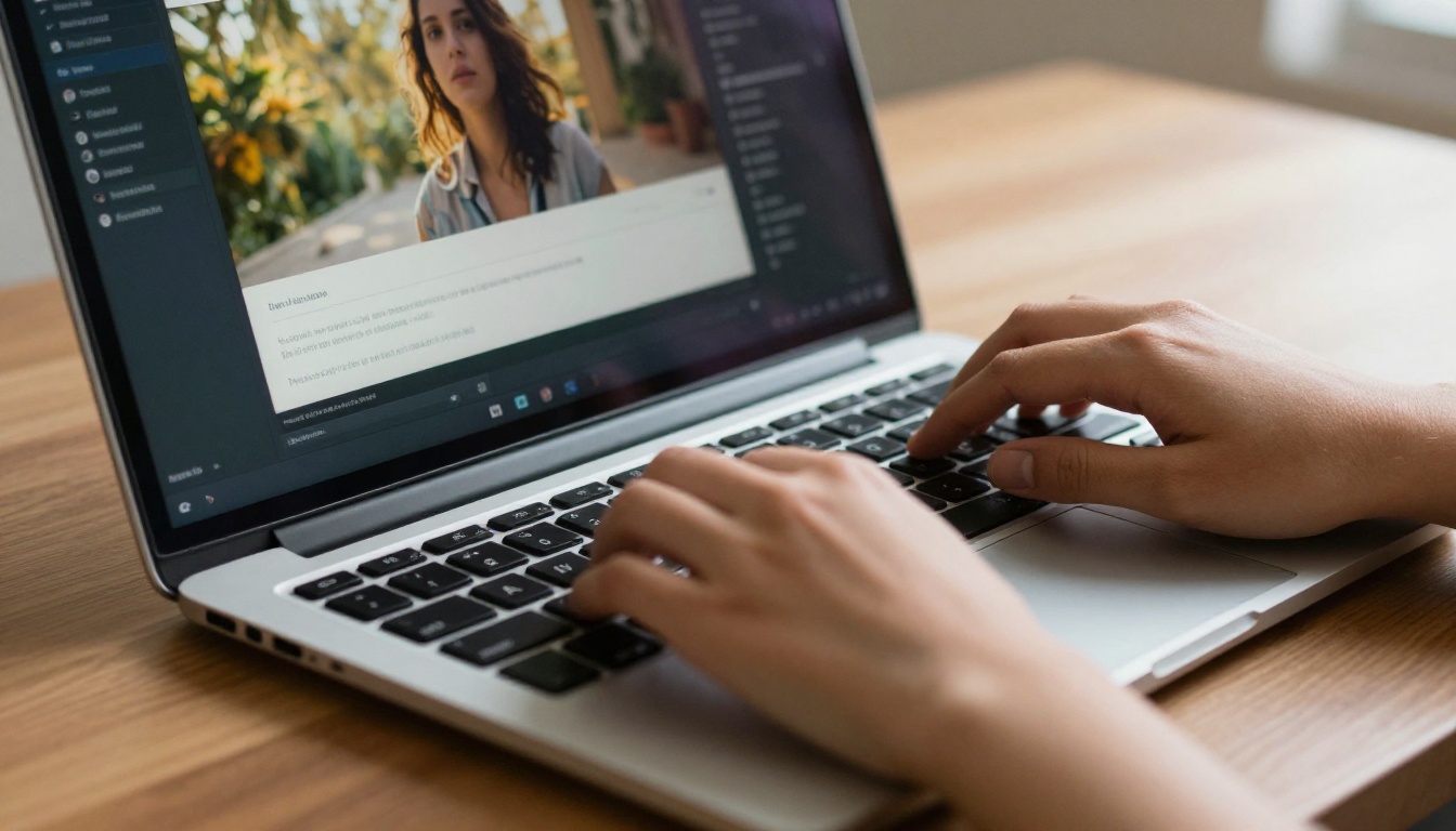 Young woman's hands typing a prompt into an AI video generation interface on a slim laptop with soft natural light
