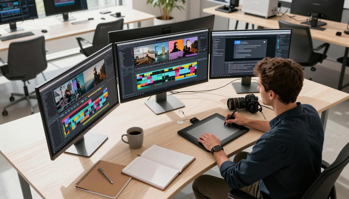 Overhead aerial view of a creative studio workspace with multiple monitors showing a video production interface