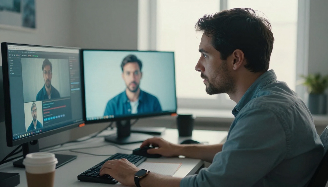 Low-angle view of a professional creator reviewing AI-generated video content on dual monitors with warm rim lighting