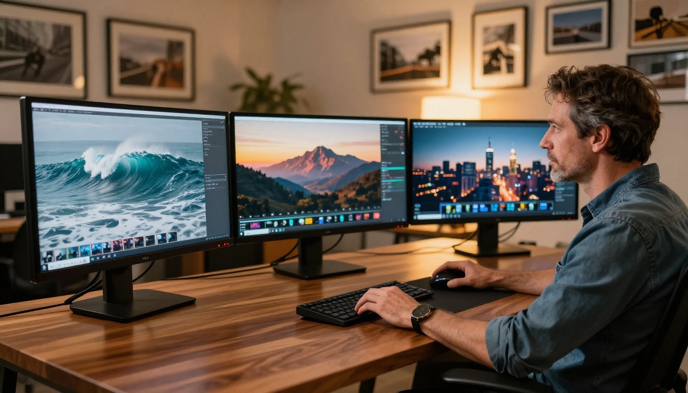 AI video comparison workspace with three monitors