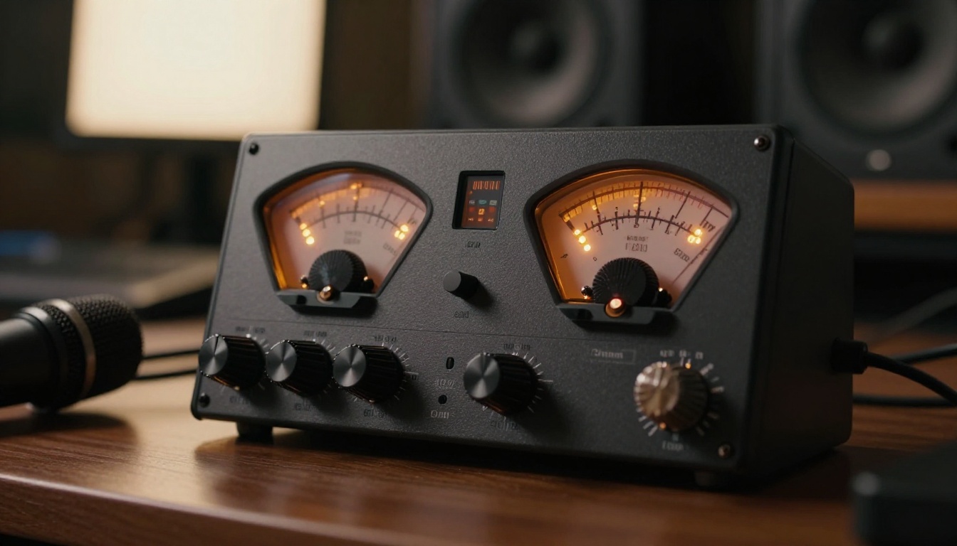 Professional audio interface with VU meters and waveform displays showing synchronized levels for an AI video production session