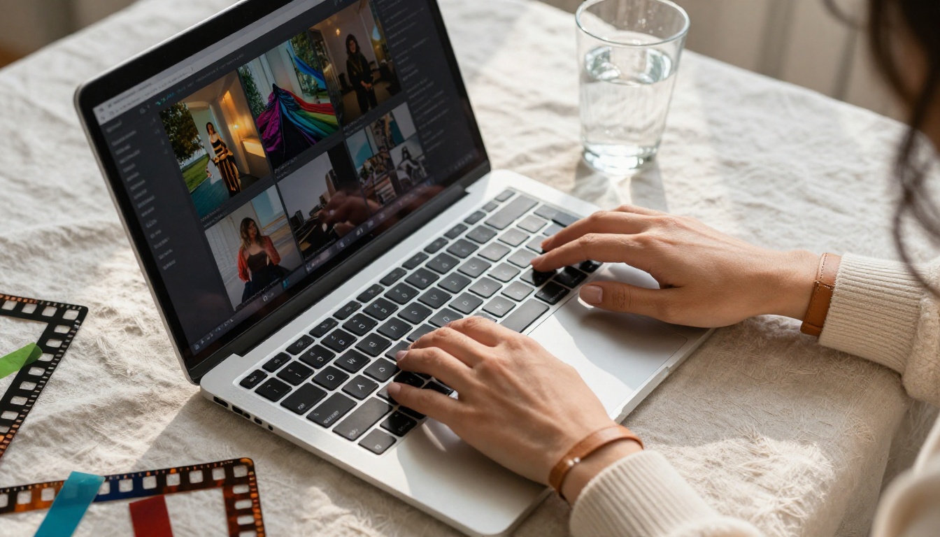 Hands typing on laptop with AI video interface on screen