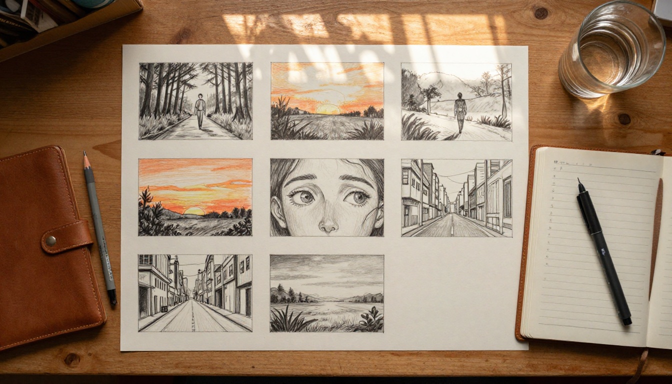 Storyboard sketches arranged in sequence on a wooden desk with pencil and handwritten notes