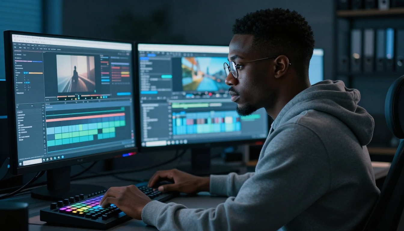 Video editor working in dark editing suite