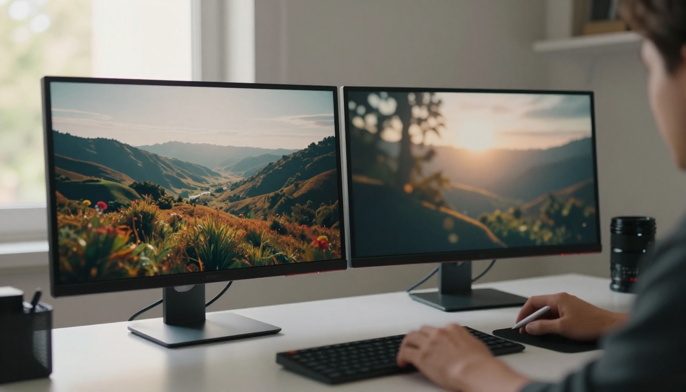 Dual monitor setup comparing AI video outputs side by side with natural morning light on a sleek white desk Dual monitor setup comparing AI video outputs side by side with natural morning light on a sleek white desk