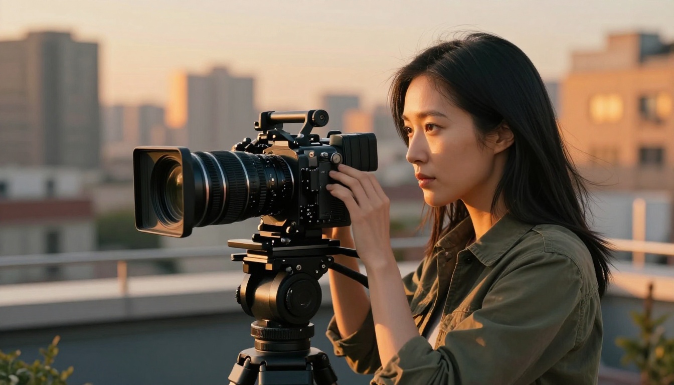 Asian female cinematographer at golden hour with cinema camera
