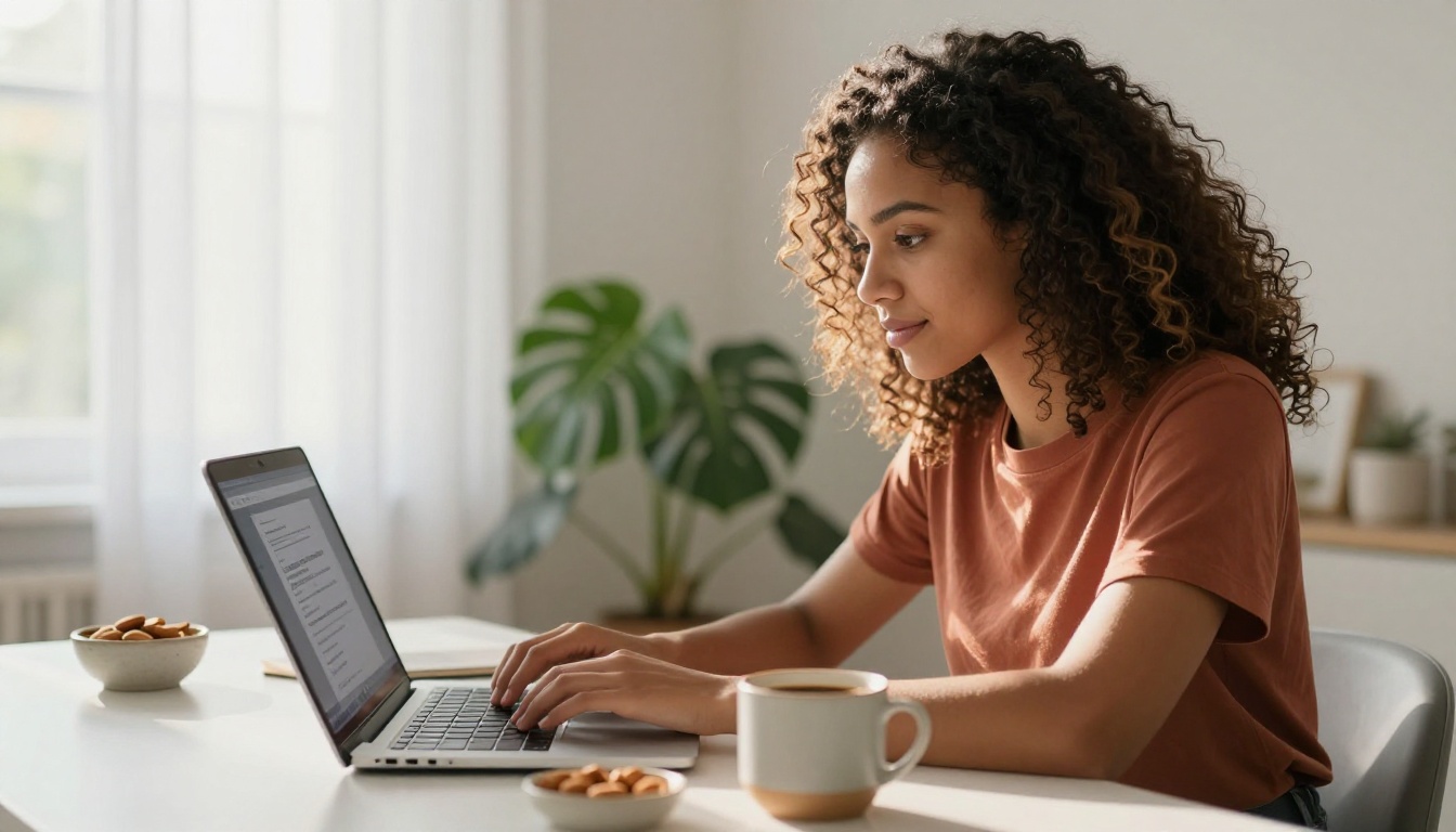 Young woman typing a video prompt on a laptop in a bright modern apartment with afternoon sunlight