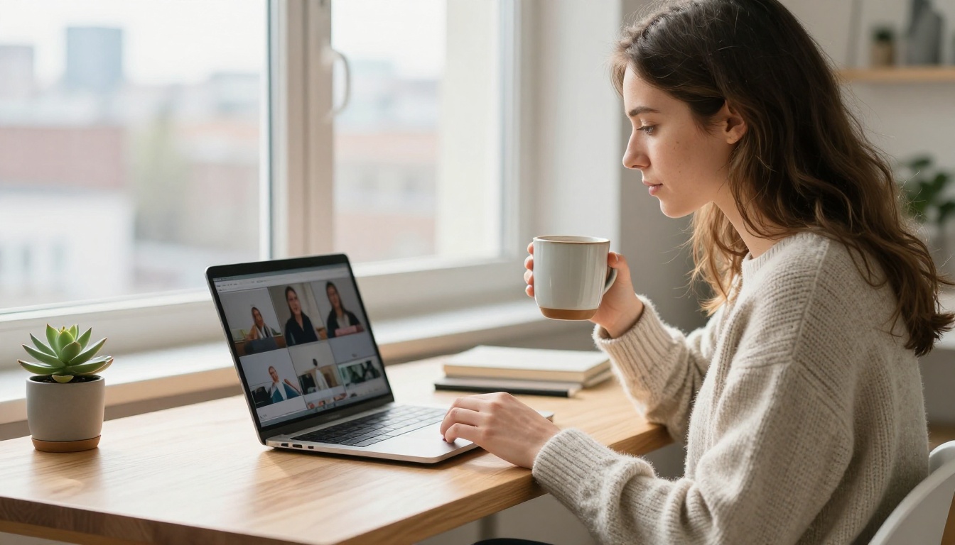 Young woman in a bright home office reviewing a video timeline with soft afternoon light and a ceramic coffee mug