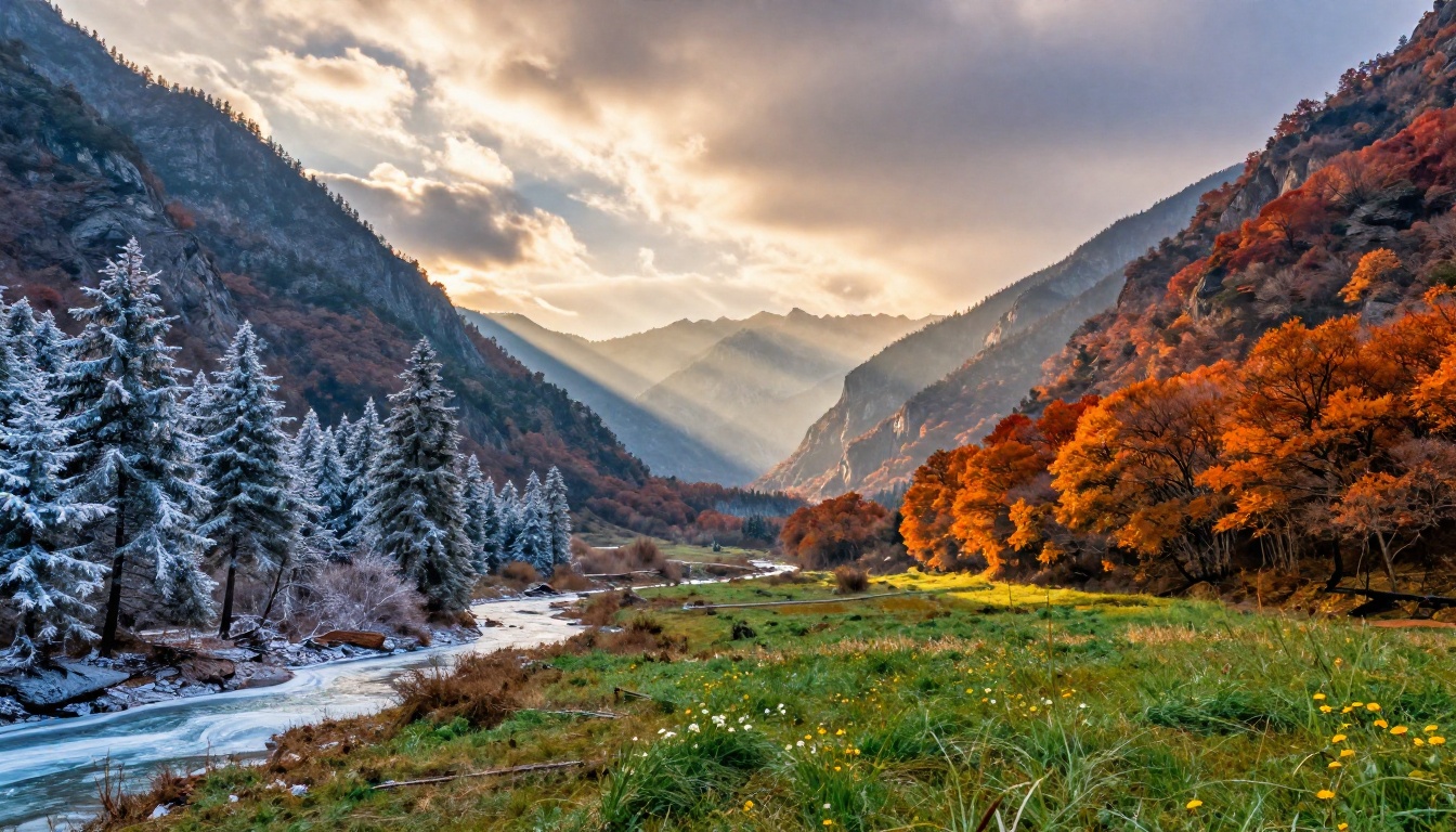 Wide cinematic landscape showing the same mountain valley across three different seasons side by side