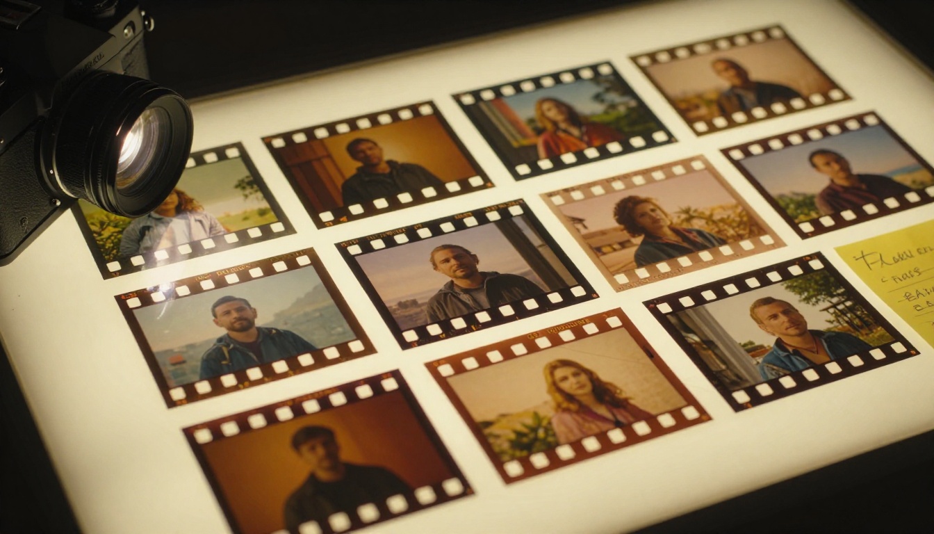 Analog film strip on a bright lightbox with different AI video frames and handwritten production notes scattered around it Analog film strip on a bright lightbox with different AI video frames and handwritten production notes scattered around it