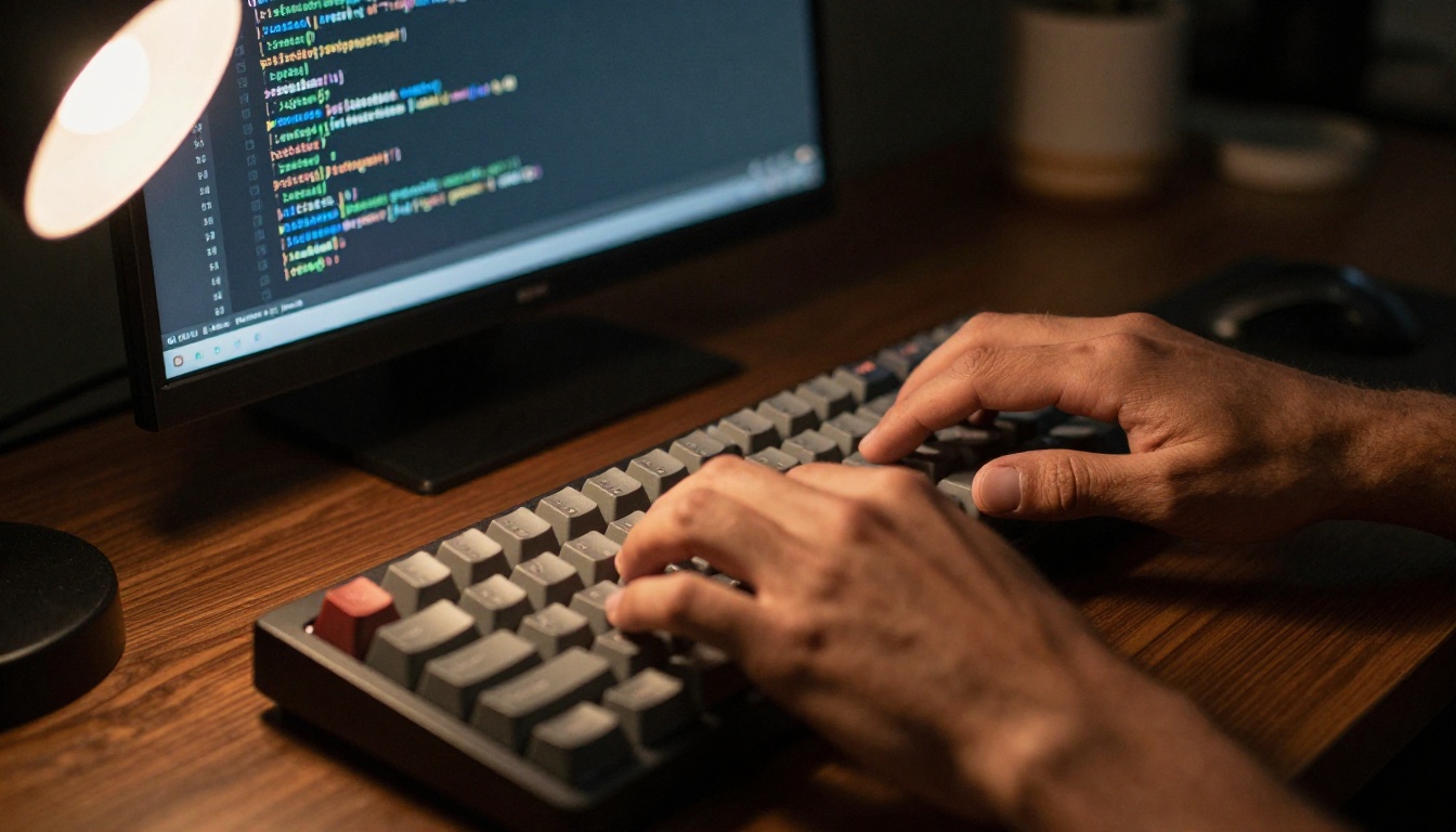 Extreme close-up of hands typing on a mechanical keyboard with warm amber desk lamp raking light