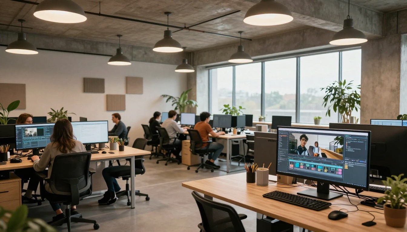 Wide shot of a modern open-plan creative agency studio with editors at workstations and industrial pendant lighting Wide shot of a modern open-plan creative agency studio with editors at workstations and industrial pendant lighting