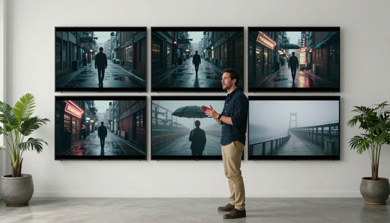 Man standing before a wall-mounted grid display showing nine sequential video frames in a creative studio