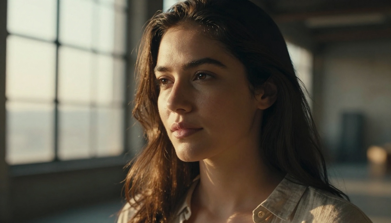 Natural close-up portrait of a woman with dark hair in warm golden-hour window light