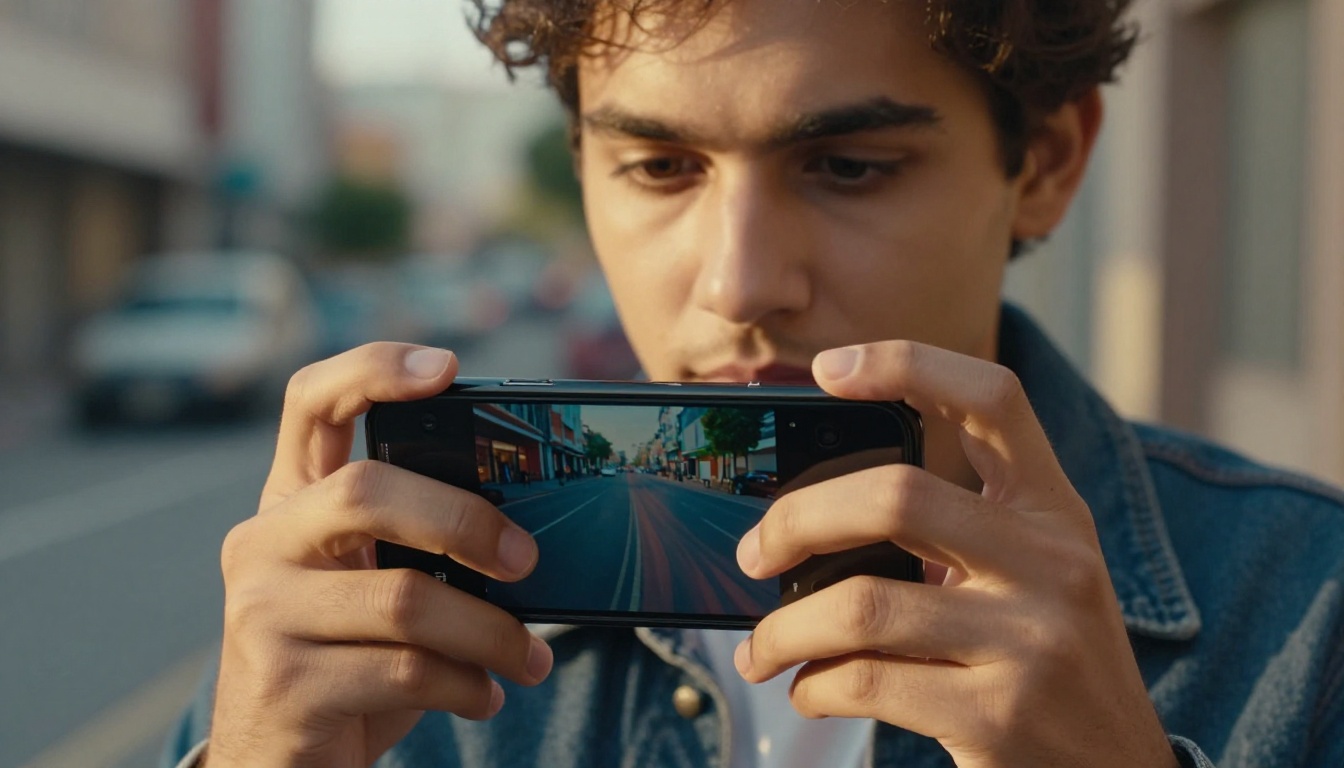 Young man holding a smartphone displaying a vibrant AI-generated video with warm golden afternoon sunlight on an urban street Young man holding a smartphone displaying a vibrant AI-generated video with warm golden afternoon sunlight on an urban street