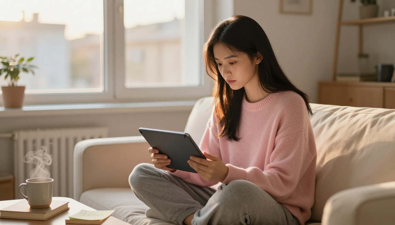 Young woman sitting cross-legged on a cream sofa reviewing video clips on a tablet, golden afternoon window light Young woman sitting cross-legged on a cream sofa reviewing video clips on a tablet, golden afternoon window light