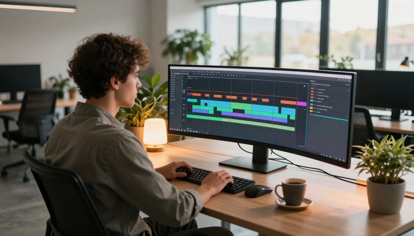 Two AI video editors comparing footage at dual monitors in a modern creative studio
