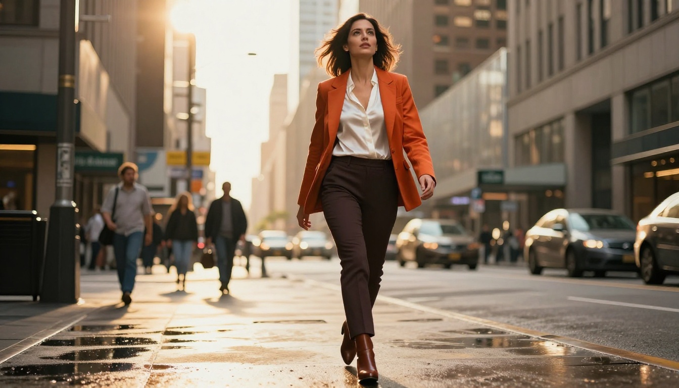 Confident woman walking through a sunlit city street, rust-orange blazer, shot from a low angle looking up Confident woman walking through a sunlit city street, rust-orange blazer, shot from a low angle looking up