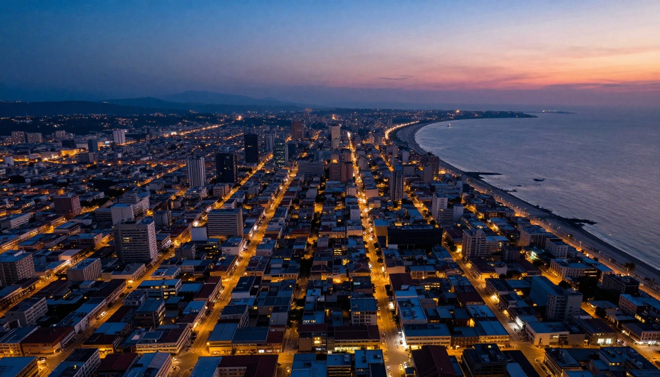 Aerial drone view of coastal city at dusk with golden streetlights and ocean horizon