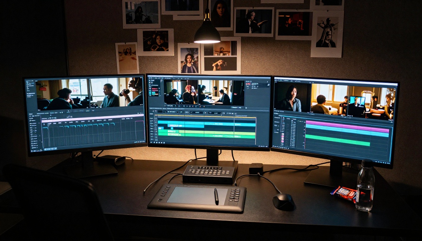 Professional video editing workstation with multiple monitors glowing with video frames in a dark creative studio Professional video editing workstation with multiple monitors glowing with video frames in a dark creative studio