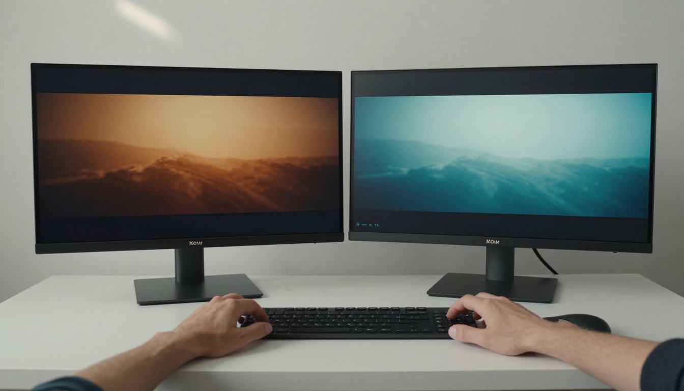 Two monitors side by side on a white desk showing different video outputs being compared by professional hands