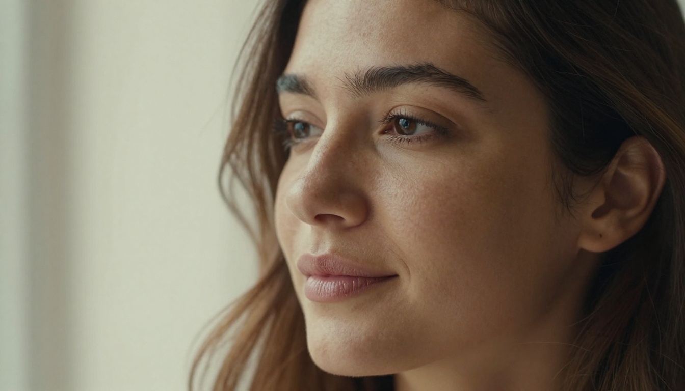 Intimate close-up portrait of a woman's face in warm natural window light with natural film grain Intimate close-up portrait of a woman's face in warm natural window light with natural film grain