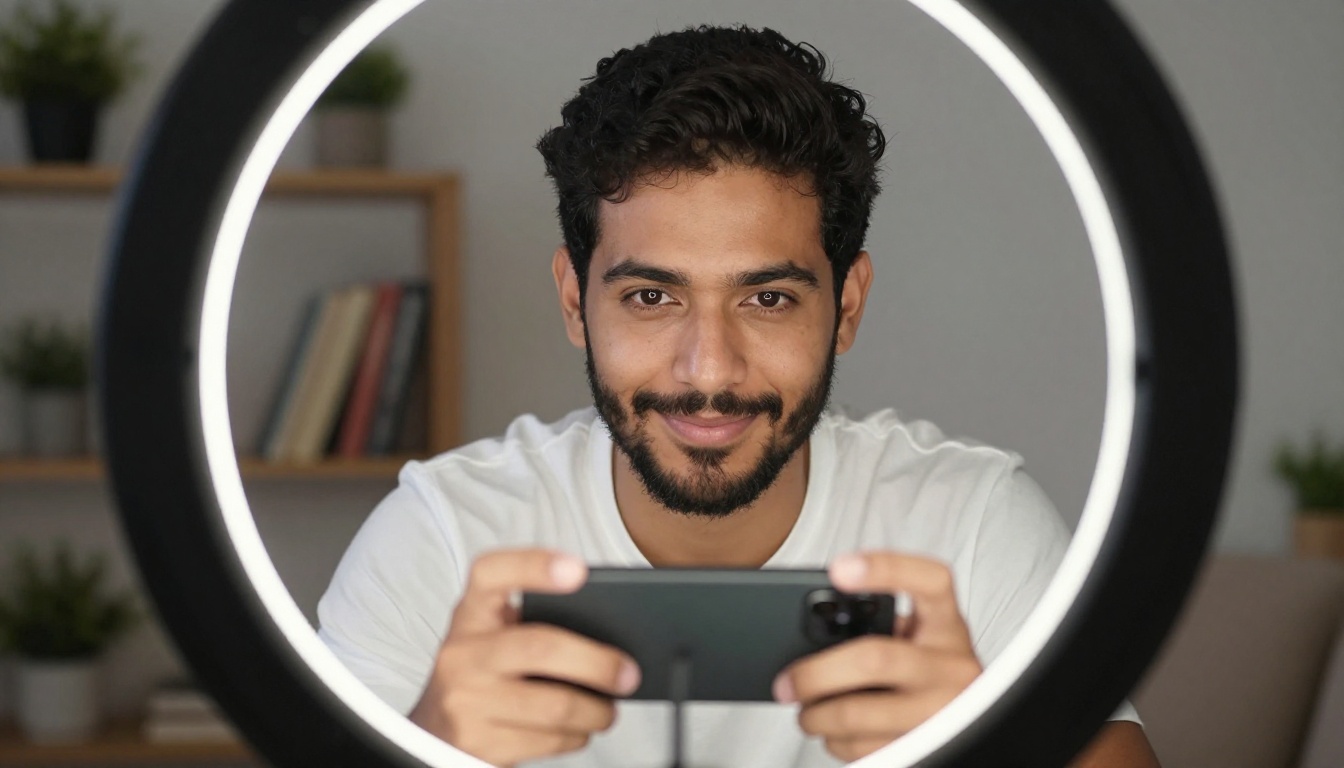 Content creator with smartphone and ring light in home studio