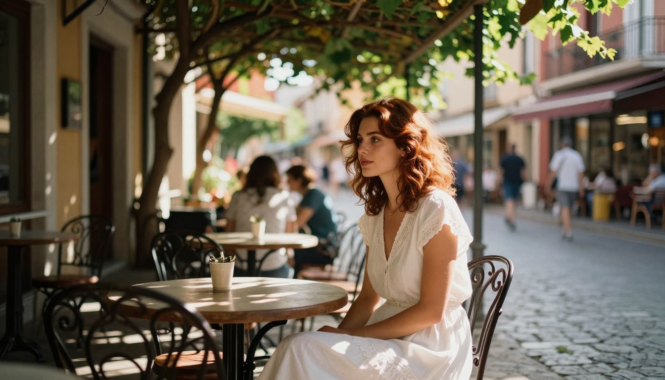 Woman with auburn hair at a Mediterranean outdoor cafe in warm afternoon sunlight