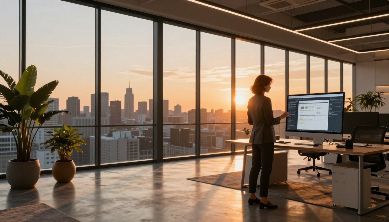Modern office interior with city skyline at sunset