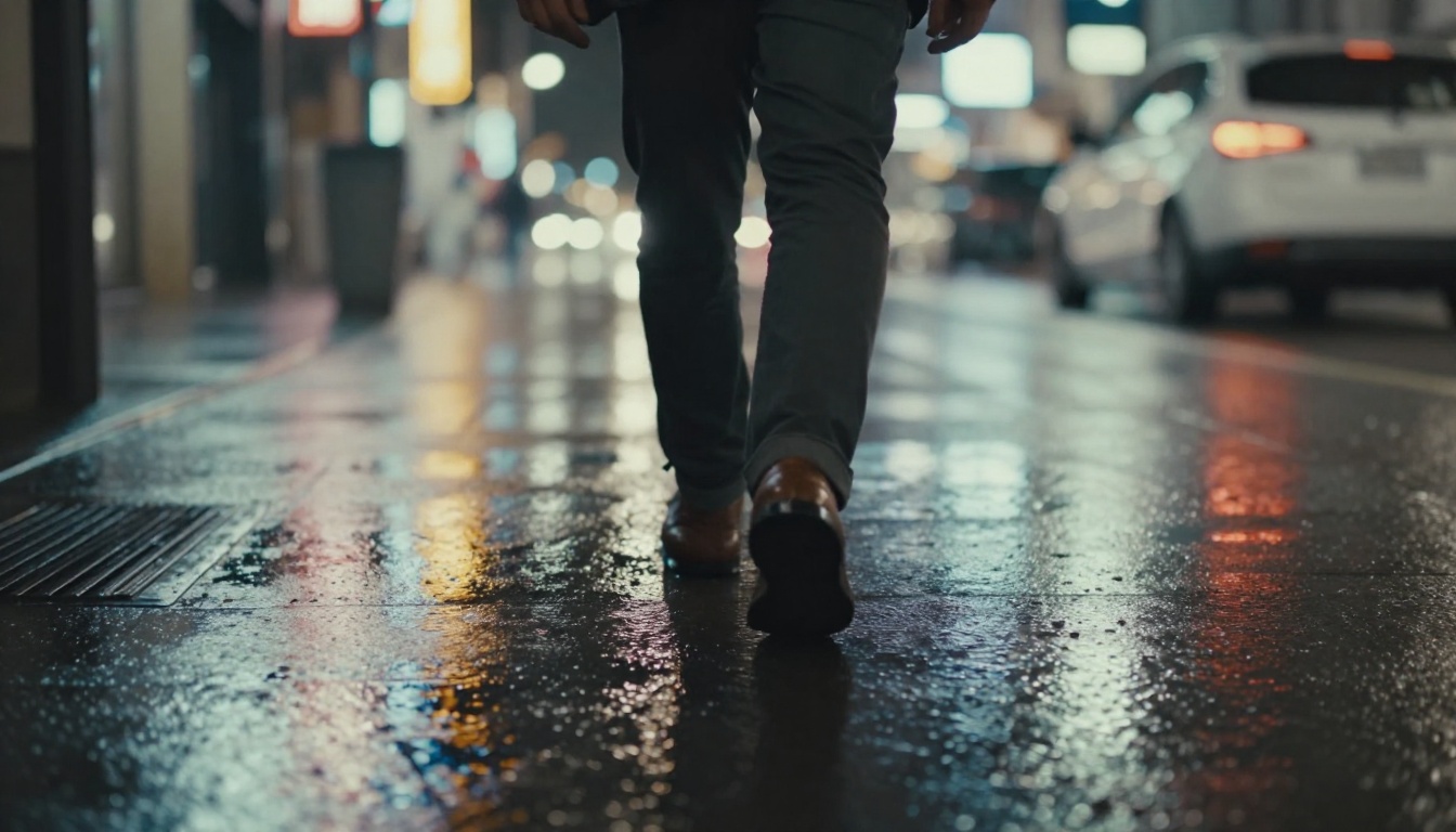 Person walking on rain-slicked city street at night with neon sign reflections shimmering on wet pavement