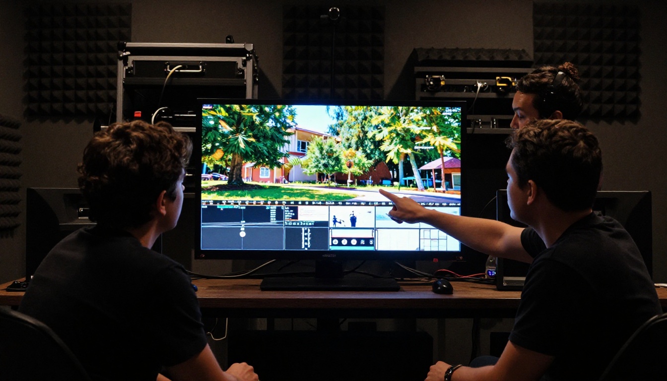 Video production team of three people reviewing footage on a large monitor in a post-production studio