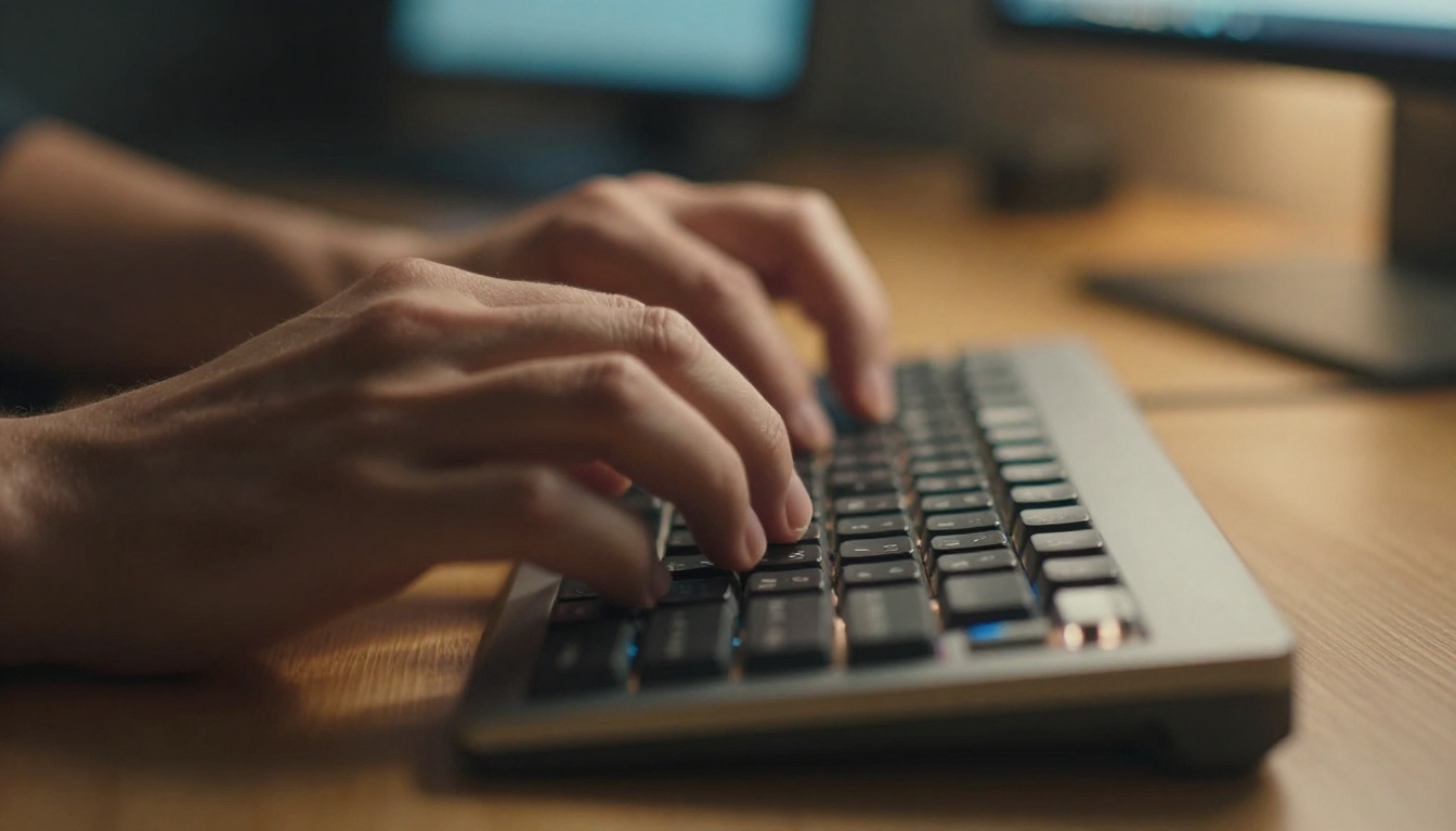 Close-up macro shot of hands typing on a mechanical keyboard with warm amber desk lamp light