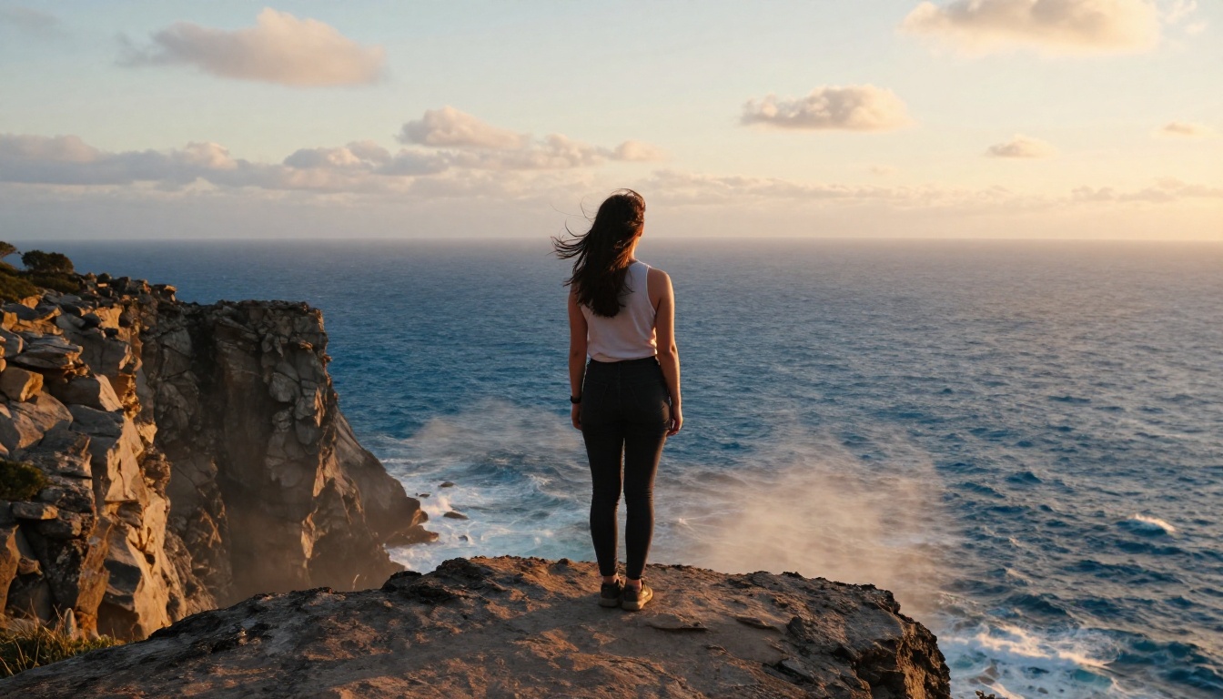 Young woman silhouetted at the edge of a dramatic cliff overlooking a vast ocean at golden hour