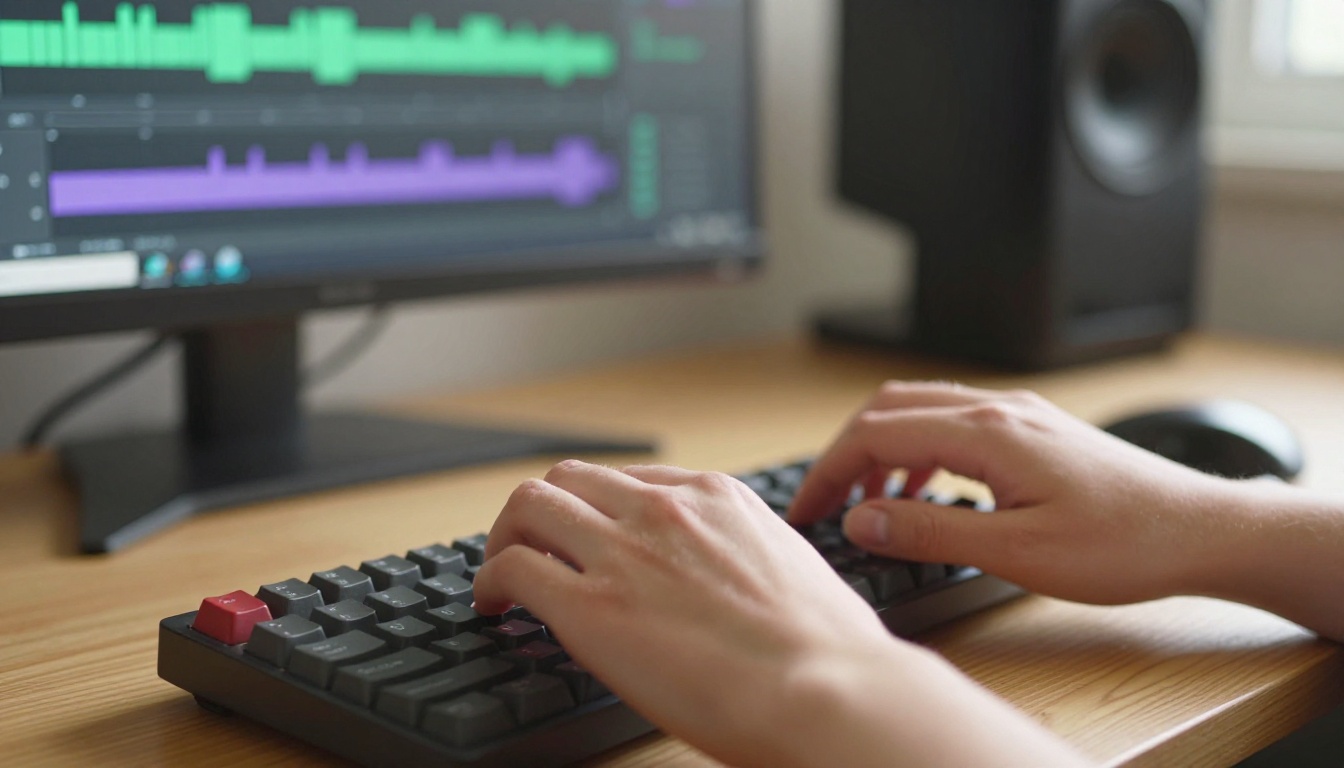 Typing a detailed prompt for AI video generation at a studio desk