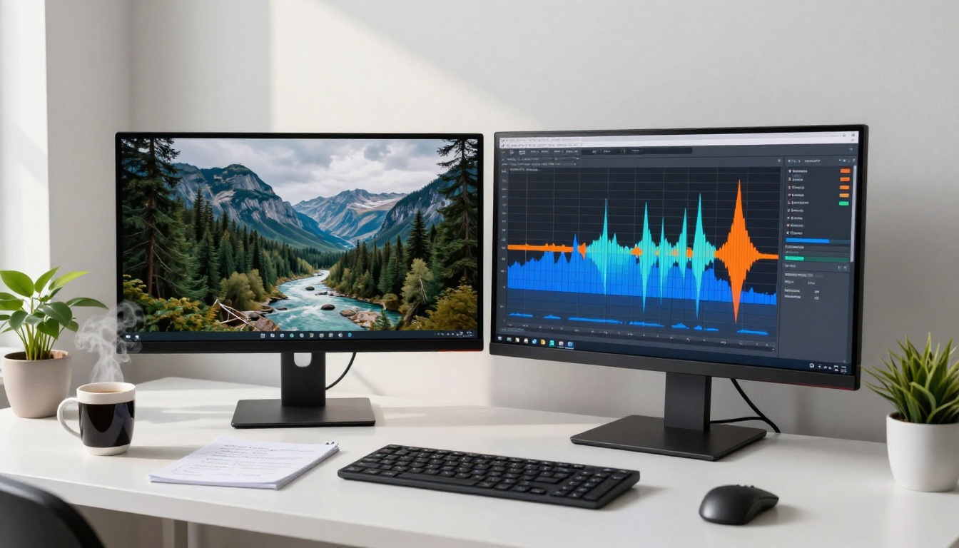 Aerial overhead view of dual monitor creative workspace showing video and audio waveforms