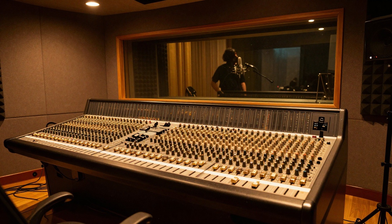 Professional recording studio with mixing console and warm amber lighting