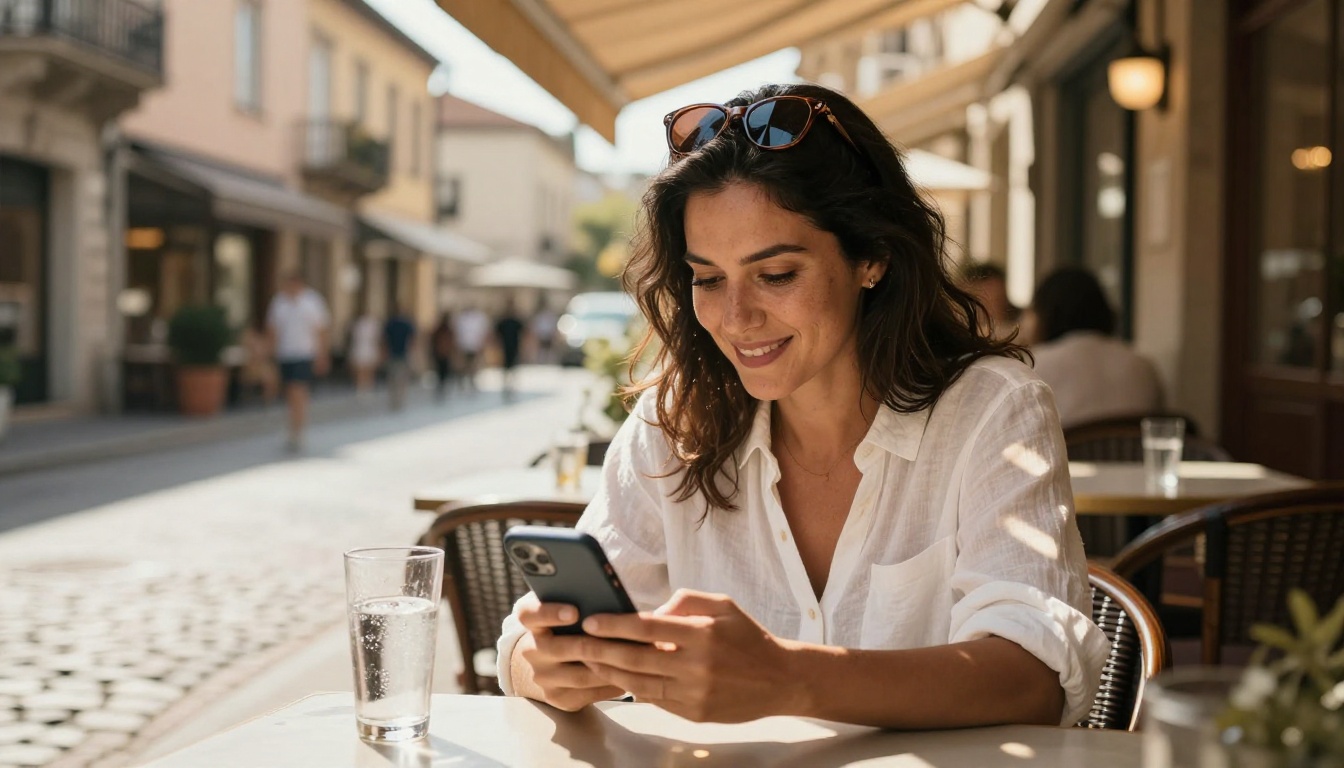 Hispanic woman scrolling phone at outdoor cafe terrace in warm afternoon light