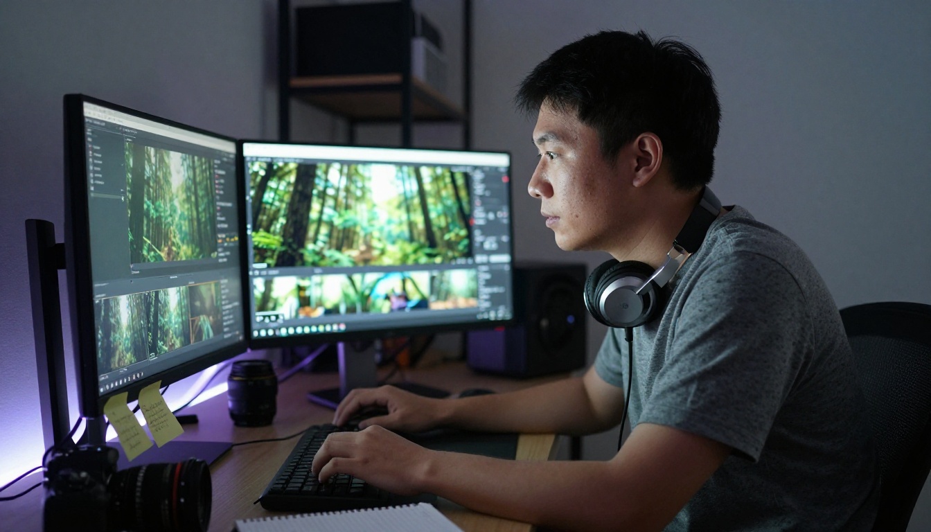 Asian content creator reviewing video frames on dual monitors with natural monitor glow