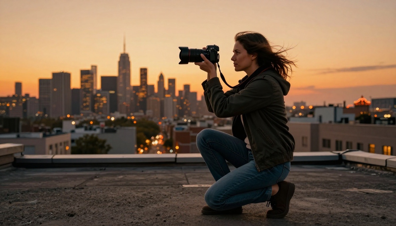 Female photographer crouching on a rooftop at golden hour with city skyline behind her