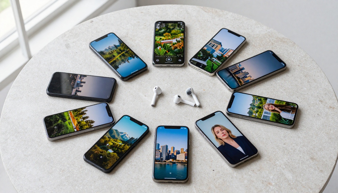 Flat lay of smartphones and tablets each showing different AI-generated video frames